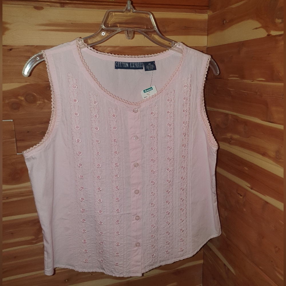 90s Cotton Express Light Pink Sleeveless Button-Front Eyelet Top